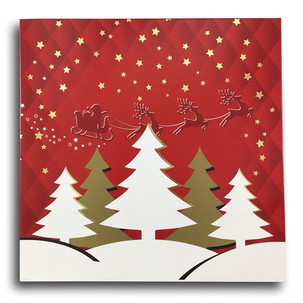 Karácsonyi süteményes doboz - Piros-fehér, karácsonyfák rénszarvas szánnal 22,7 x 22,7 x 6cm