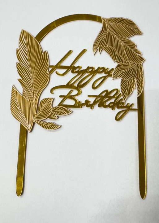 Torta beszúró -  Happy Birthday  levelekkel arany
