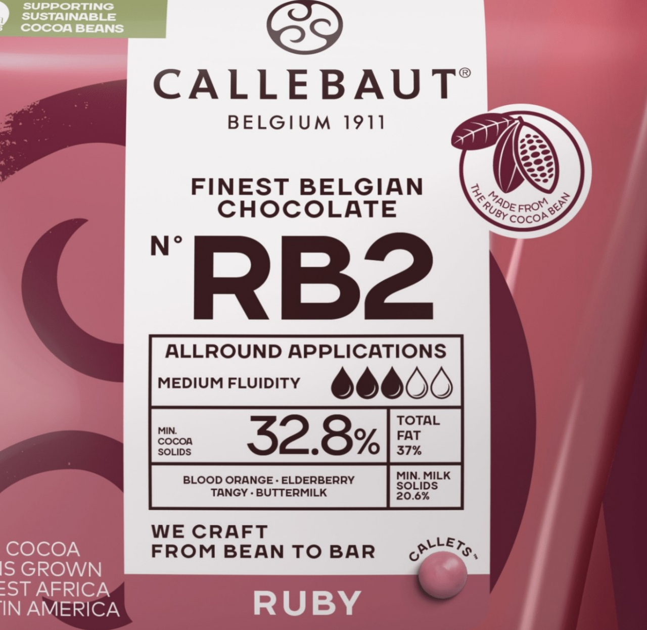 Callebaut belga csokoládé pasztilla – 33,6% RB1 Ruby tejcsokoládé  100g