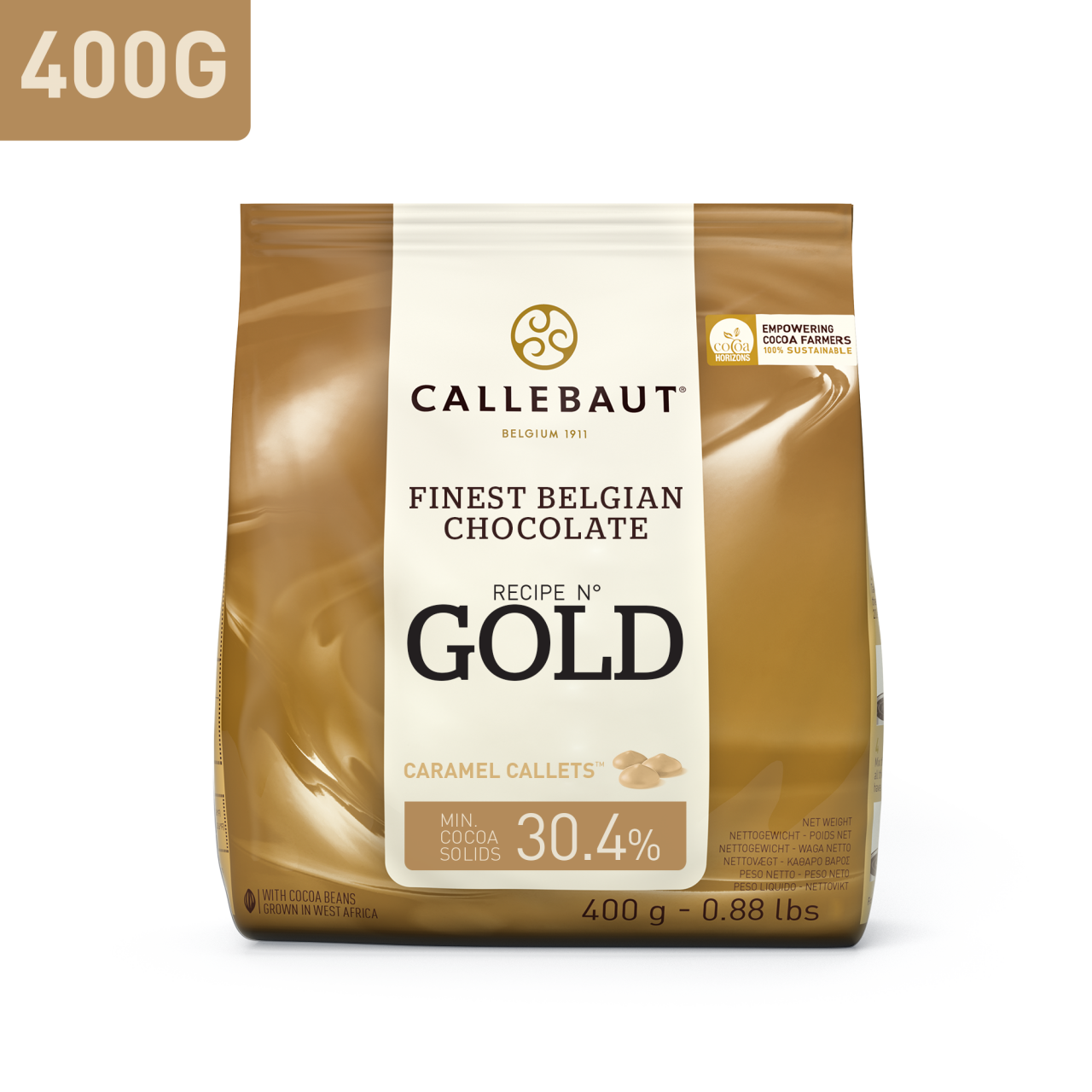Callebaut belga csokoládé pasztilla – 30,4% Gold fehércsokoládé Karamellel  400g