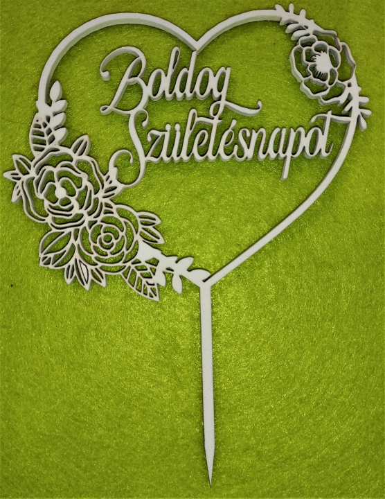Díszítő beszúró - Fehér  fa  szív rózsákkal -  Boldog születésnapot  felirattal 12x16cm