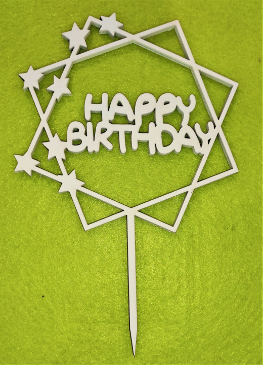Díszítő beszúró - Natúr fa  tortadísz Dupla négyzetben csillagokkal - Happy Birthday felirat 11x17cm