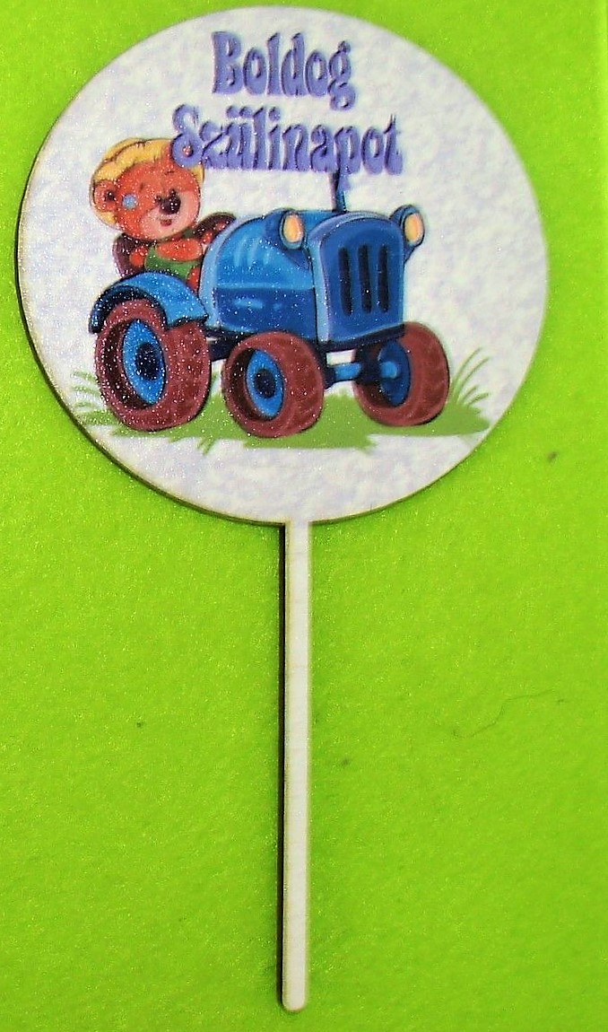 Díszítő beszúró - Nyomtatott fa kicsi maci traktorral Boldog születésnapot  8cm x 16cm
