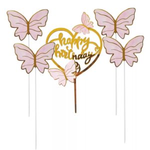 Torta beszúró - Rózsaszín / lila  pillangók Happy Birthday