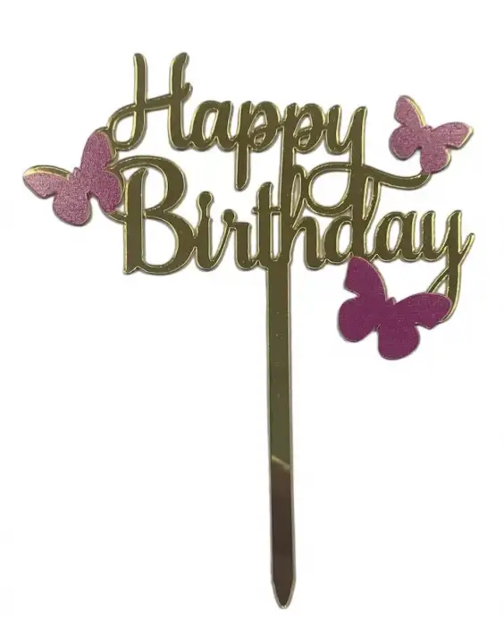 Torta beszúró - Happy Birthday felirat - Arany akril rózsaszín pillangók