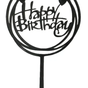 Torta beszúró " Happy Birthday" -  felirat fekete körben - akril