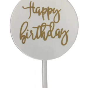 Torta beszúró " Happy Birthday" - fehér körben arany felirat - akril