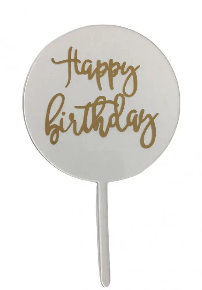 Torta beszúró " Happy Birthday" - fehér körben arany felirat - akril