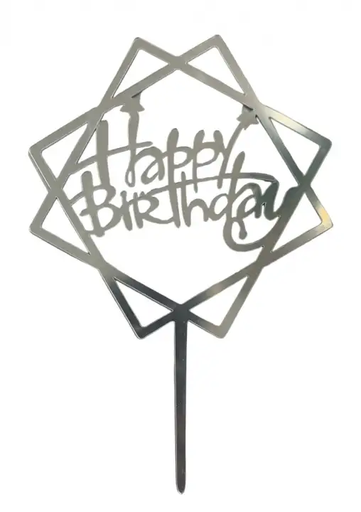 Torta beszúró " Happy Birthday" - felirat ezüst négyzetben - akril