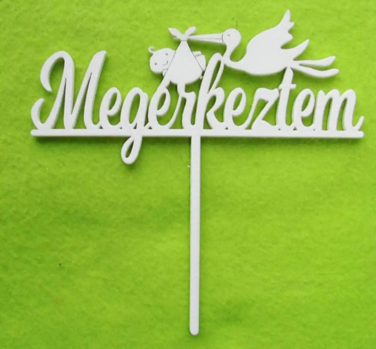 Díszítő beszúró - Fehér Megérkeztem Gólyás tortadísz 14,5cm x 14cm