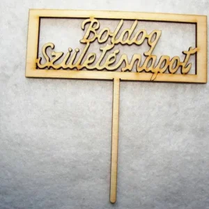 Díszítő beszúró - Natúr fa boldog születésnapot téglalap beszúrós tortadísz 11cm x 11,5cm