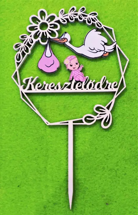 Díszítő beszúró - Nyomtatott fa Beszúrós lányos Tortadísz Keresztelődre felirattal 10cm x 17cm