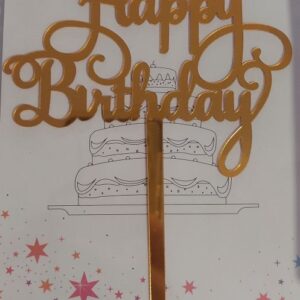 Torta beszúró - Happy Birthday felirat - kötött kis betűvel hurkolt H-val - akril Arany