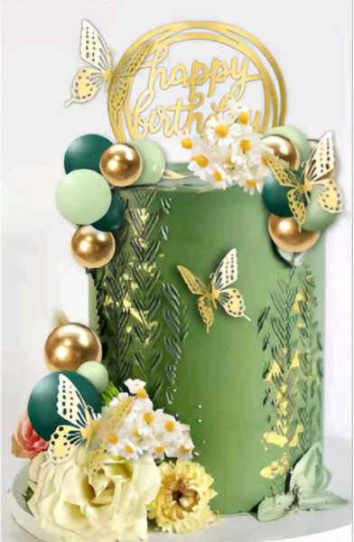 Tortadísz - Arany pillangók zöld gömb beszúró szett 41 részes