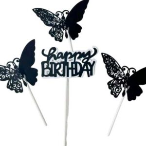 Tortadísz beszúró - Fekete pillangók Happy Birthday 4 részes